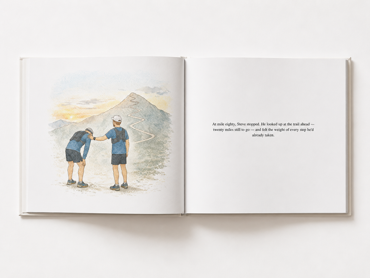 Open interior spread from a Heirloom & Bound custom storybook, showing two illustrated figures on a mountain trail alongside the story text