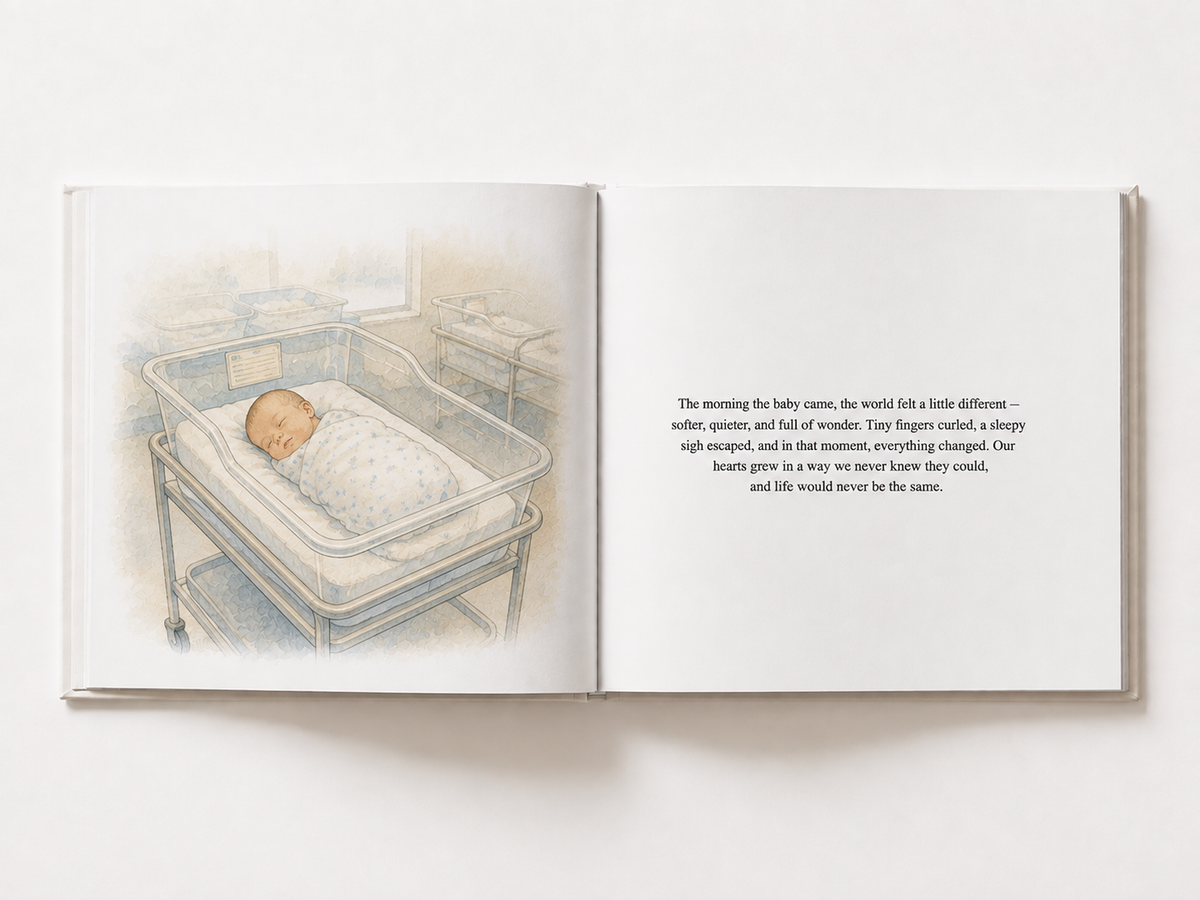 Open interior spread from a Heirloom & Bound custom storybook, showing an illustrated page alongside the story text