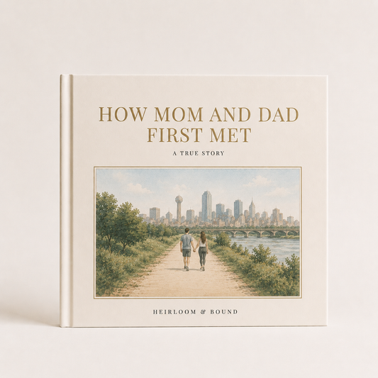 How Mom and Dad First Met — Heirloom & Bound custom storybook with a cream hardcover and an illustrated city skyline scene, shown closed on a table