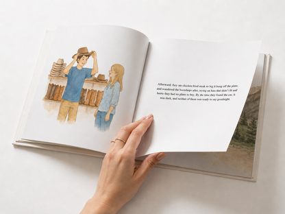Open interior spread from a Heirloom & Bound custom storybook, showing an illustrated page alongside the story text