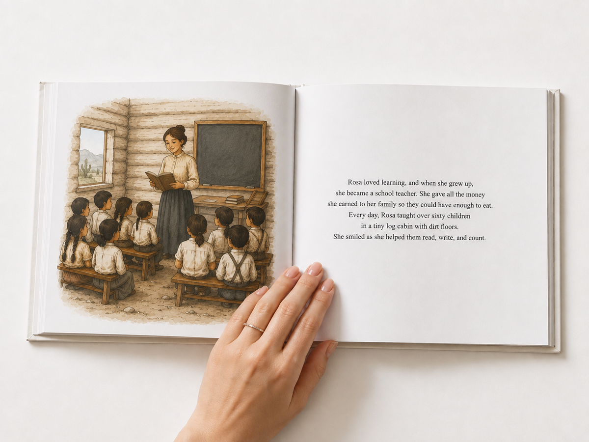 Open interior spread from a Heirloom & Bound custom storybook, showing an illustrated page alongside the story text